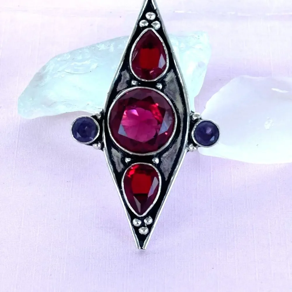 925 Sterling Faceted Garnet Amethyst Knuckle Ring 8.5